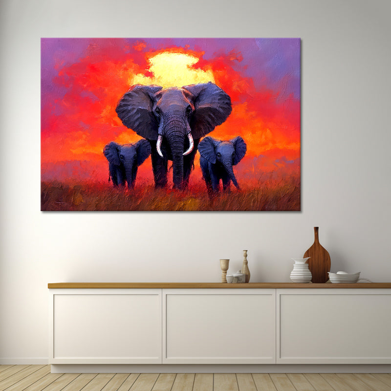 Olifanten familie bij zonsondergang